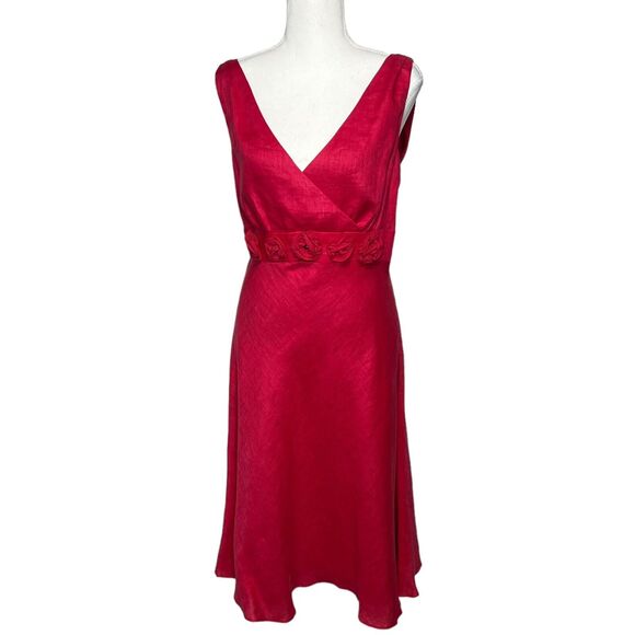 Cynthia Howie Dresses & Skirts - Cynthia Howie Women 10 red Silk lined Linen Rosette Fit Flare Sleeveless Dress.